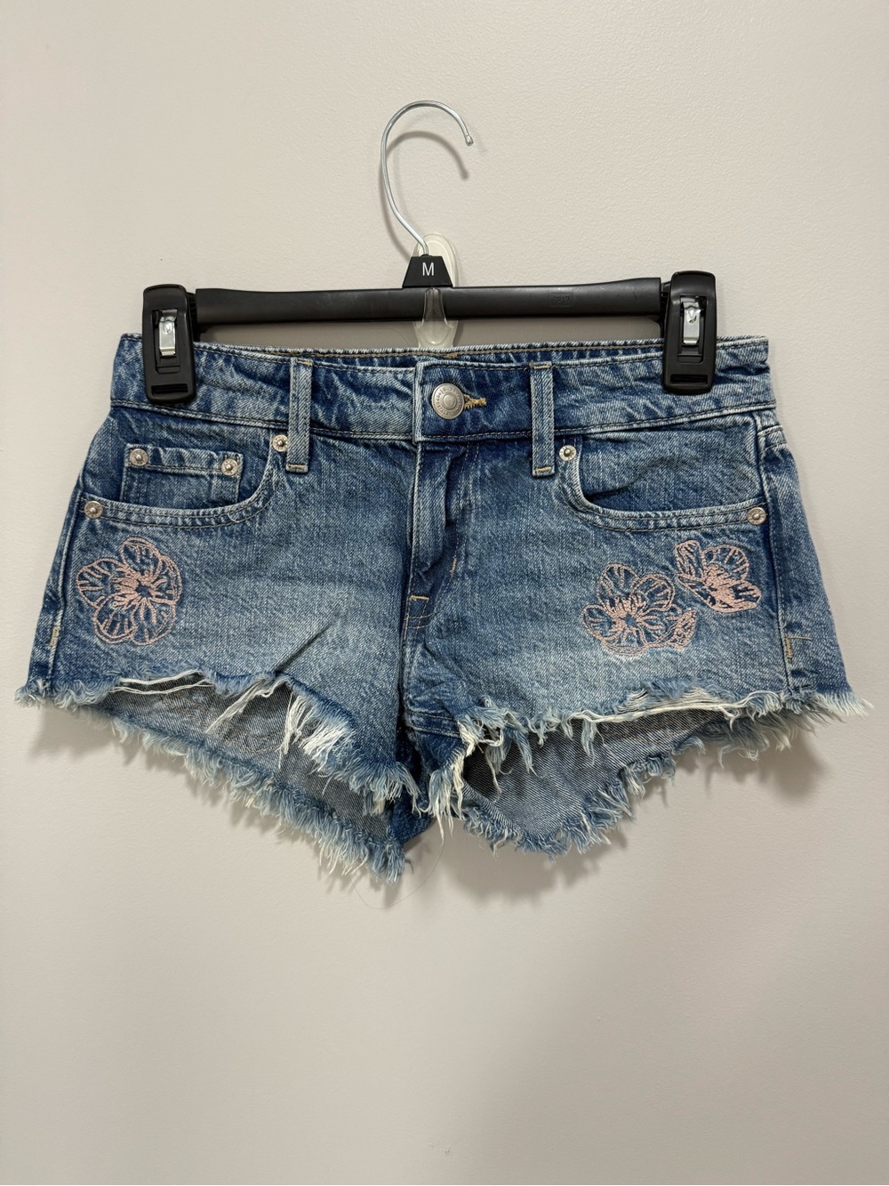 Aeropostale Blue Frayed Denim Shorts with Pink Floral Embroidery